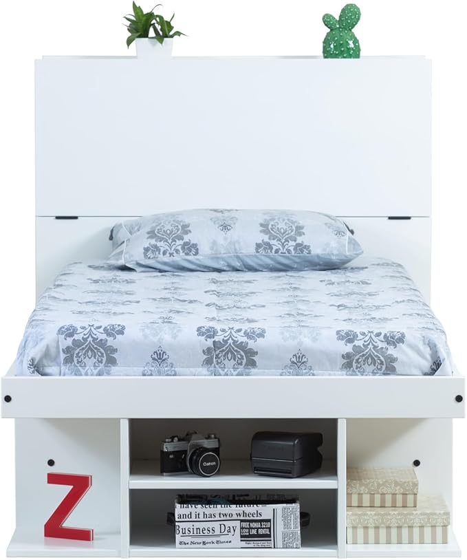 memomad Bali Set: Storage Platform Bed with Drawers + Bookcase Headboard (Twin Size, White Wood)