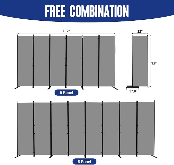 Room Divider and Folding Privacy Screens 6 Panel, 11 Ft Wide Room Partitions Dividers, Portable Room Divider Screen for Room Separtition, Folding Wall Dividers for Home, Office, Bedroom, Studio Grey