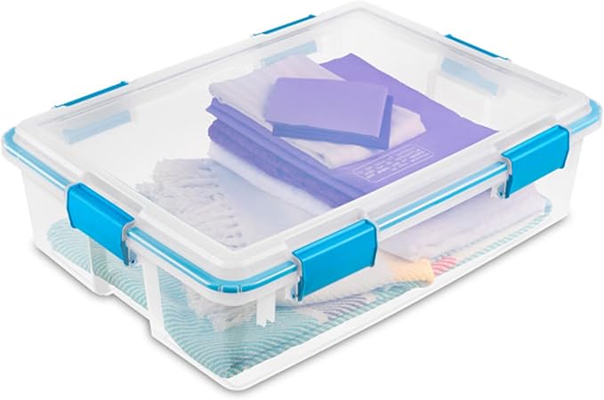 Sterilite 4-Pack Gasket Box, Home Storage Organizer Bins with Lids, 37 Quart – Stackable Clear Plastic Containers for Bedroom, Bathroom, Garage, Basement, or Attic