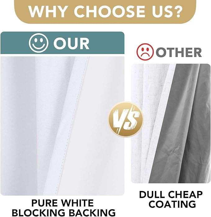 H.VERSAILTEX Linen Curtains 100% Blackout Curtains for Bedroom 90 inch Long Full Light Blocking Nature Linen Blended Window Curtains for Living Room Nickel Grommet (2 Panels, Bright White)