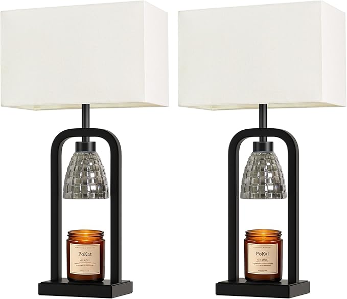 PoKat Table Lamps with Candle Warmer for Bedroom, Farmhouse Bedside Lamps Set of 2 for Night Stands, 21.5'' Bedroom Lamps Decor for Living Room, Bathroom, Dinning, Bulbs Included, Matte Black