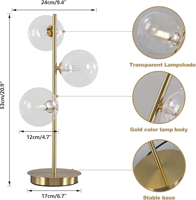 Mid Century Globe Table Lamp, Modern 3 Lights Gold Desk Lamp, Contemporary White Glass Globe Reading Lamp for Bedroom Living Room Study Room
