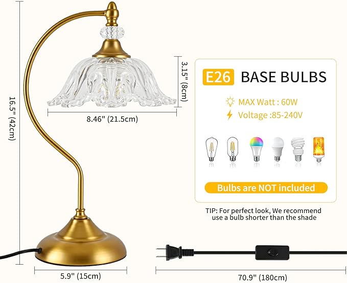 Vintage Table Lamp with a Floral Clear Glass Shade, A Plug-in Nightstand Lamp in Matte Brass Finish for Bedroom, Living Room,Office, and Desk
