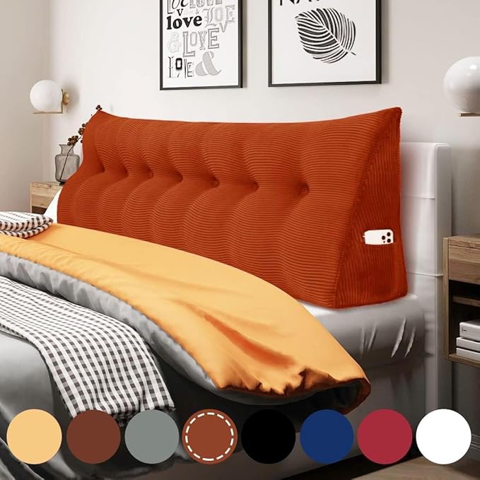 WOWMAX 100% Cotton Corduroy Headboard Pillow – King Size Back Support Reading Wedge for Bed & Daybed, Plush Handmade Bolster Cushion with Removable Cover, Cozy Bed Rest Pillow, Rusty Orange