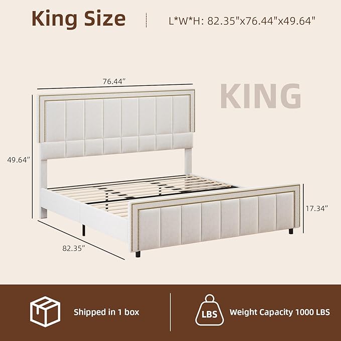 BarnFurin King Size Size Bed Frame with 50" Tall Headboard and Footboard, Chenille Upholstered Platform Bed, Vertical Channel Tufting with Nailhead Trim, No Box Spring Needed, Easy Assembly, Beige