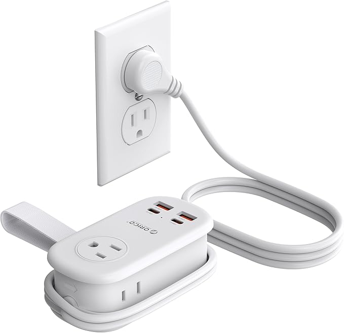 ORICO 65W GaN Travel Power Strip with 7-in-1 Charging Ports (3 AC Outlets/2 USB-A/2 USB-C), Flat Plug and 4FT Extension Cord, Fast Charger for MacBook Pro/Air, iPad Pro, iPhone 17/16/15- AP3