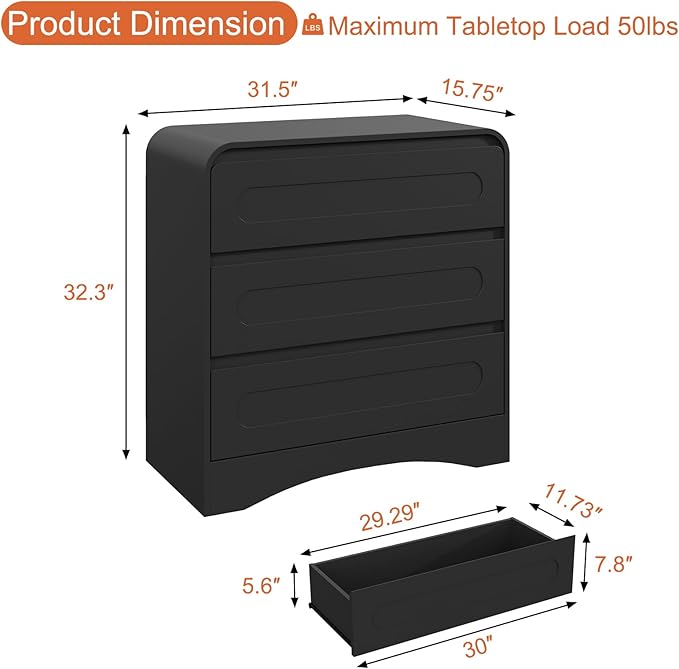 3 Drawer Dressers for Bedroom, 32" Wide Wood Storage Dresser & Chest of Drawers Organizer, Large Modern Dressers with 3 Drawer Storage Organizer for Bedroom Living Room Hallway Closet, Black