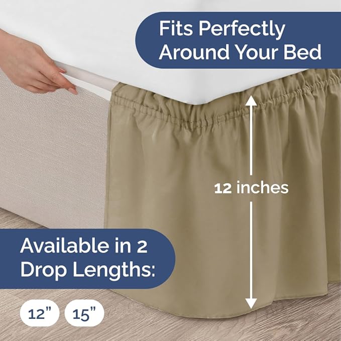 Wrap Around Dust Ruffle Bed Skirt - Khaki - for Queen Size Beds w/ 12 Inch Drop - Easy Fit Elastic Strap - Adjustable Pleated Bedskirt w/Brushed Fabric - Wrinkle Free - for Women, Men, Kids & Teens