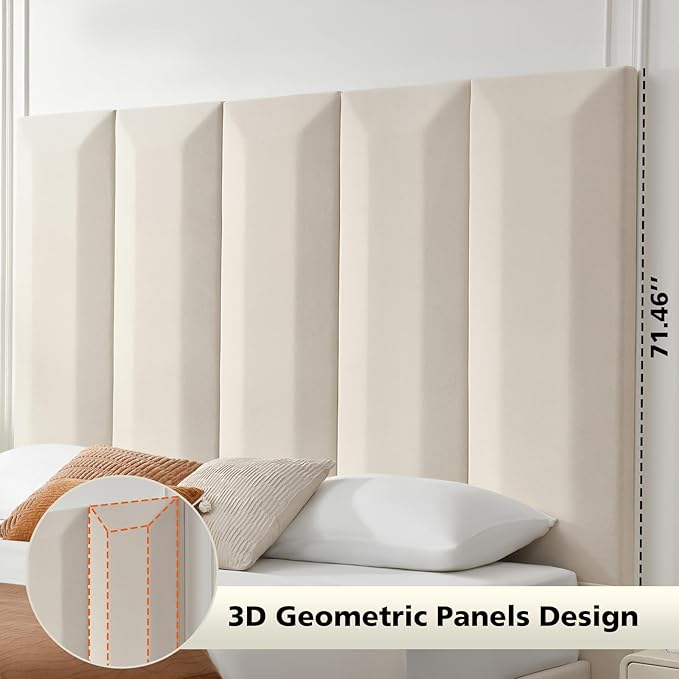 VELOCAVA King Size Upholstered Bed Frame with Extra Tall 71.5" 3D Geometric Headboard, Velvet-Like Fabric, 2 Storage Drawers, 45 Wooden Slats, Adjustable Center Support, No Box Spring Needed, Beige