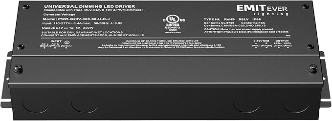 EMITEVER Dimmable Led Driver, 300W AC 110V-277V to DC 24V Transformer, 5-in-1 Dimming: ELV/MLV/TRIAC / 0-10V / 1-10V / 10V PWM/Potentiometer, Waterproof IP67 and UL Listed