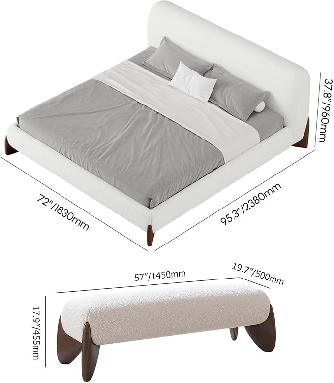 homary Modern Bedroom Furniture Set 2 Piece, White Boucle Queen Size Platform Bed Set & Bedroom Bench with Solid Rubber Wood Legs, Upholstered Headboard for Master Suite or Guest Room