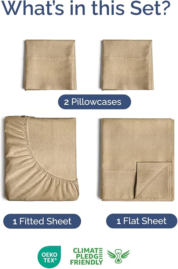 Extra Deep Twin XL Sheet Set - 4 Piece Breathable & Cooling Sheets - Hotel Luxury Bed Sheets Set - Easy Fit - Soft, Wrinkle Free & Comfy Sheets Set - Heathered Tan Sheet Set with Extra Deep Pockets