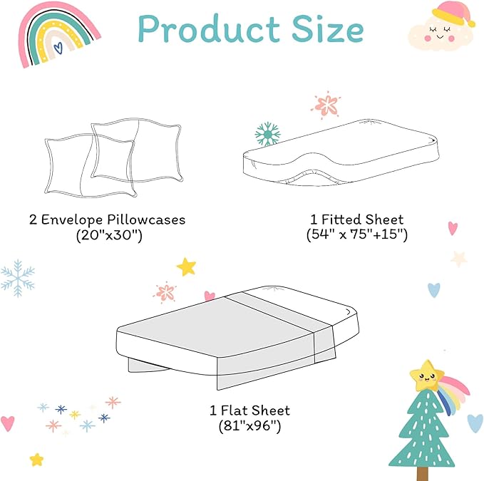 JSD Christmas Kids Sheet Set Full Size, 4 Piece Rainbow Christmas Tree Printed Microfiber Bed Sheets Deep Pocket