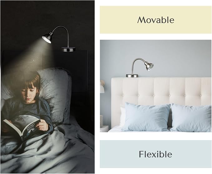 Solfres Patented Innovative Design Headboard Reading Light. No Drilling Golden Book Light for Bedtime Reading. Dimmable LED Book Reading Lamp with Bulb. Movable & Flexible, Silver