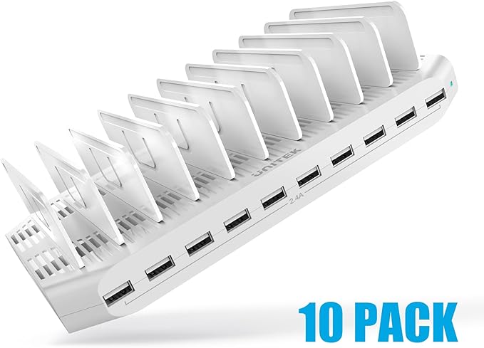 【10PCS】 Unitek Multi Charging Station, 10-Port USB Charger for Multiple Device with SmartIC Tech and Adjustable Dividers, Organizer Stand Compatible with iPad, Tablet, Kindle, iPhone - 10PCS, White