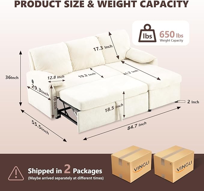 VINGLI Convertible Sofa Bed Couches for Living Room, Sleeper Sofa with Pull Out Couch Bed, Cloud-Like Plush Fleece L-Shape Sectional Couch with Storage Chaise, USB Charging, Side Pockets (Beige)