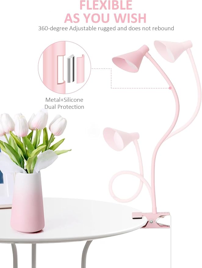 Clip on Light USB Reading Light, Eye Care Dimmable Reading Lamp Flexible Goose Neck Clip on Lamp for Bed Headboard Desk Bedside Dorm - Pink