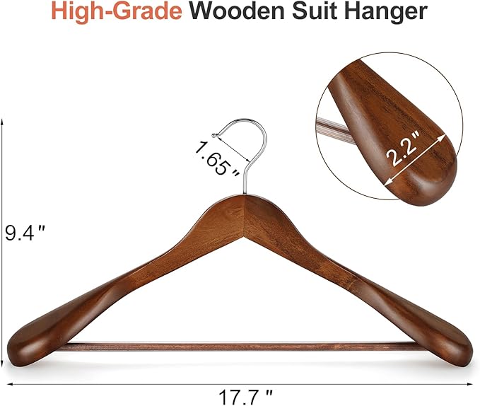 TOPIA HANGER Wide Shoulder Wooden Hangers, Suit Hangers with Non Slip Pants Bar & 360° Swivel Hook, Solid Wood Heavy Duty Coat Hanger, 10 Pack (Walnut)-CT02WA-10