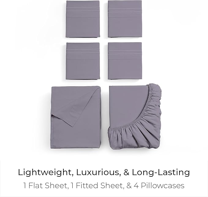 Mellanni Full Sheet Set - 6-Piece Iconic Collection Bedding, (Including 4 Pillowcases), 21-Inch Extra Deep Pocket, Easy Care, Ultra Soft, Cooling Sheets, Brushed Microfiber - Hazy Lilac
