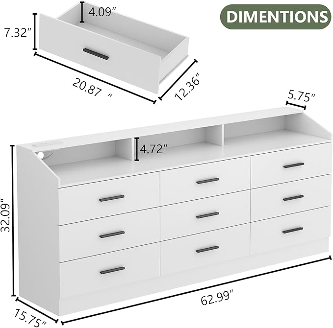 9 Drawers Dresser for Bedroom with Power Outlet, Chest of Drawers with LED Light, Modern Dressers with Open Storage Cubby, Triple Wide Dressers Organizer for Living Room (White)