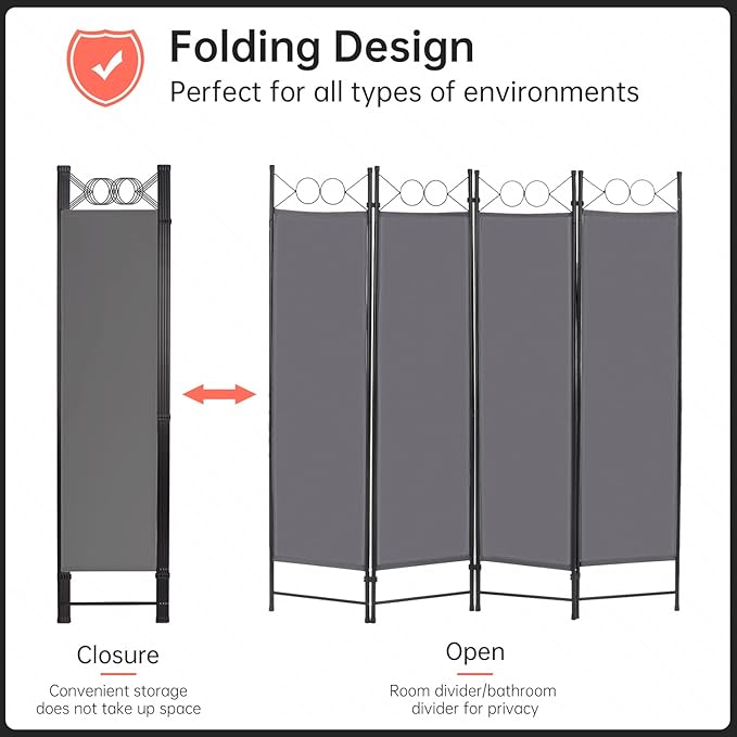 4 Panel Room Divider 6FT Steel Frame Screen Folding Privacy Divider Freestanding Partition for Home Office Bedroom (Grey)