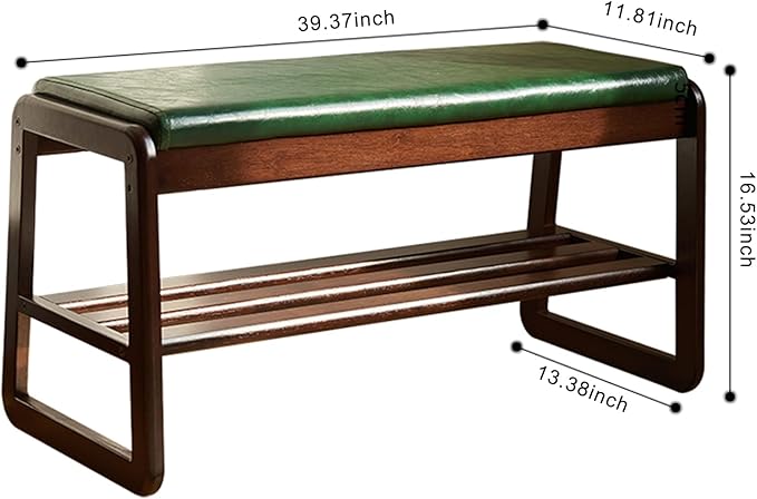 Solid Wood Shoe Bench, 2-Tier Wooden Storage Entryway Bench, Mid-Century Modern Shoe Bench Rack, End of Bed Bench with Faux Leather Cushion, Ottoman Bench for Hallway, Living Room (Walnut, 39.7'')