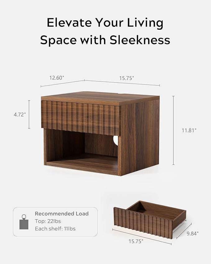 Floating Nightstand Set of 2 with Drawer, Fluted Modern Night Stand with Fluted Door and Open Storage Shelf Wall Mounted Bedside Table for Bedroom, Entryway Brown