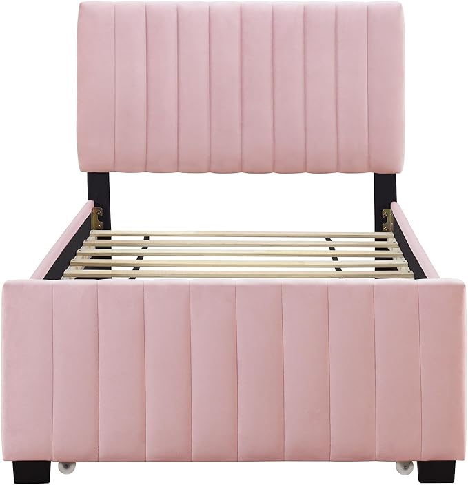 Twin Size Bed Frame with Trundle Bed,Velvet Upholstered Bed Frame,Twin Size Trundle Bed with Headboard,Upholstered Platform Bed Twin for Kids Teens Adults(Pink)