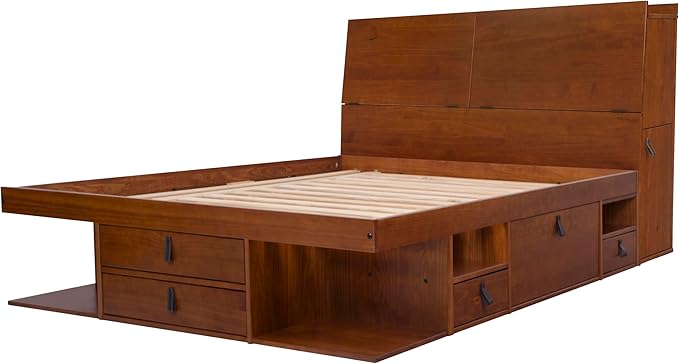memomad Bali Set: Storage Platform Bed with Drawers + Bookcase Headboard (Queen Size, Caramel Brown Wood)