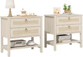 CMFYDAILY Wooden Nightstand Set of 2, Boho Side Tables with 2 Woven Rattan Drawers and Storage Shelf, Bedside Tables for Bedroom, or Home Office