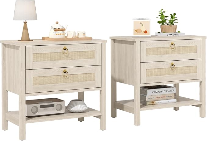 CMFYDAILY Wooden Nightstand Set of 2, Boho Side Tables with 2 Woven Rattan Drawers and Storage Shelf, Bedside Tables for Bedroom, or Home Office