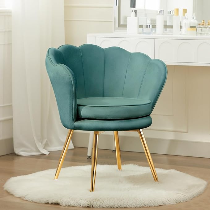 Velvet Vanity Chair with Back, Mid-Century Modern Small Accent Chair for Living Room, Golden Metal Legs Upholstered Makeup Chair, 1Pcs Bedroom Armchair, Dark Green