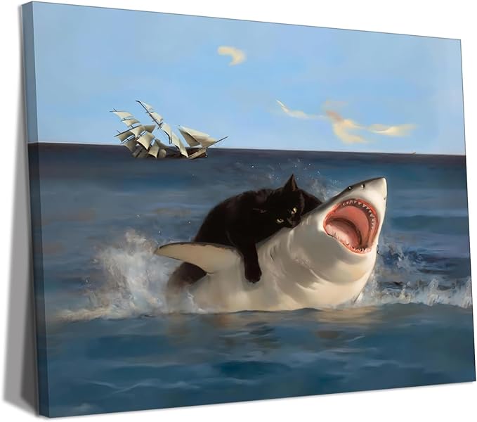 BFKDKG Framed Black Cat Wall Art, Funny Quirky Cat and Shark Pictures Canvas Print, Abstract Black Cat Shark Posters Wall Decor for Room Bedroom Living Room Bathroom 16x24in