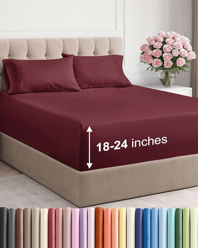 Extra Deep Twin Sheet Set - 4 Piece Breathable & Cooling Sheets - Hotel Luxury Bed Sheets Set - Easy & Secure Fit - Soft, Wrinkle Free & Comfy Sheets Set - Burgundy Sheet Set with Extra Deep Pockets