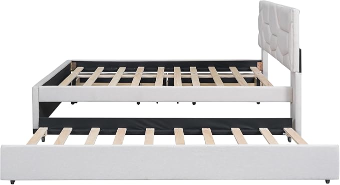 Full Size Bed Frame with Twin Size Trundle and 2 Storage Drawers,Linen Upholstered Platform Bed Frame Full with Brick Pattern Headboard,Solid Wood Slat Support,No Box Spring Needed,Beige