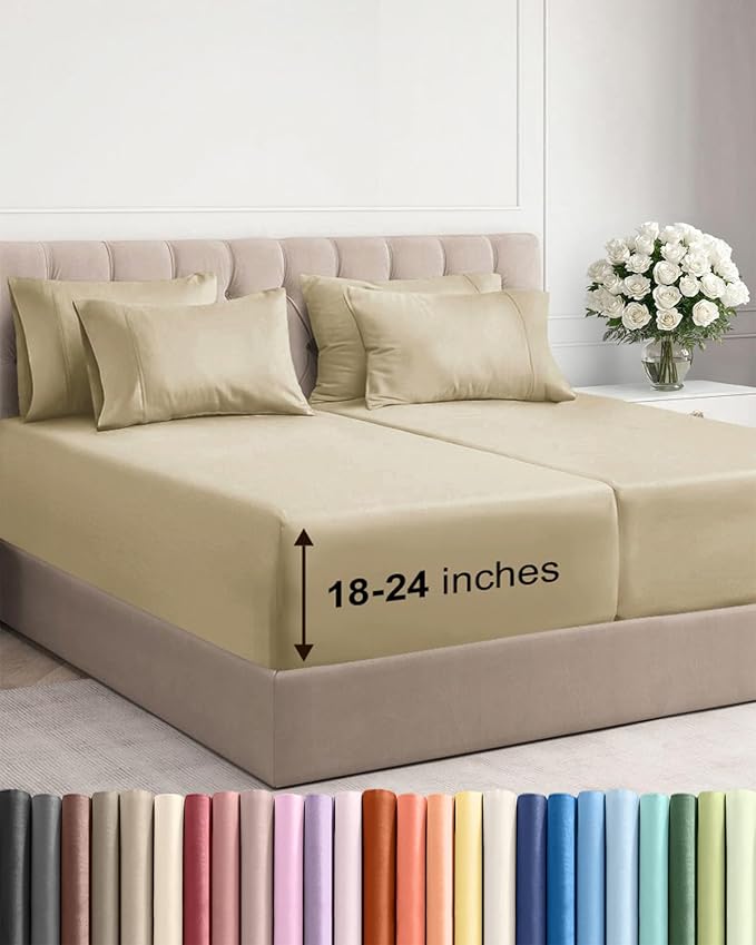 Extra Deep Split King Sheet Set - 7 Piece Breathable & Cooling Sheets - Hotel Luxury Bed Sheets Set - Easy & Secure Fit - Soft, Wrinkle Free & Comfy Sheets Set - Beige Sheet Set w/Extra Deep Pockets