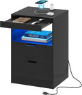 Tiptiper Black Nightstand with Wireless Charging Station and LED Lights, Bedside Table with 2 Drawers, Open Storage, 1 Pull-Out Tray, End Side Table with Charging Station, LED Night Stand with Storage