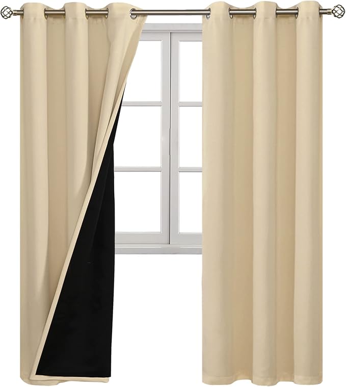 BGment Thermal Insulated 100% Blackout Curtains for Bedroom with Black Liner, Double Layer Full Room Darkening Noise Reducing Grommet Curtain (42 x 84 Inch, Natural, 2 Panels)