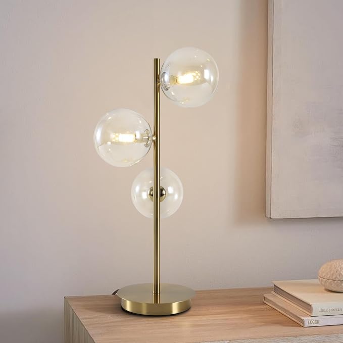 Gold Globe Bedside Lamp, 3 Lights Mid Century Modern Table Lamp, Contemporary Cognac Glass Globe Readin Lamp for Bedroom Living Room Study Room