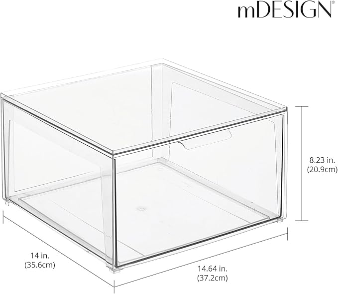 mDesign Plastic Stackable Closet Storage Organizer Bin Containers with Front Pull Drawer for Cabinet, Desk, Shelf, Cupboard, or Dresser Organization - Lumiere Collection - 4 Pack - Clear