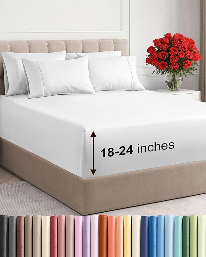 Extra Deep Cal King Sheet Set - 6 Piece Breathable & Cooling Sheets - Hotel Luxury Bed Sheets Set - Easy & Secure Fit - Soft, Wrinkle Free & Comfy Sheets Set - White Sheet Set with Extra Deep Pockets