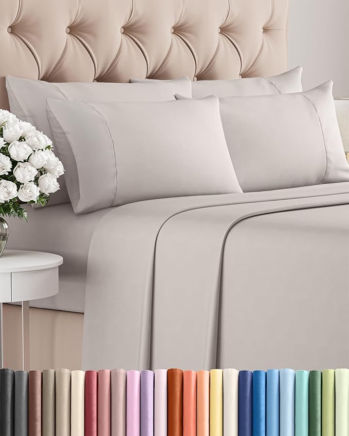 Cal King 6 Piece Sheet Set - Cooling & Breathable - Hotel Luxury Bedding, Includes Fitted Sheet for Women, Men, Kids and Teens - 1 Flat, 1 Fitted Sheet, 4 Pillowcases with Deep Pockets - Light Grey
