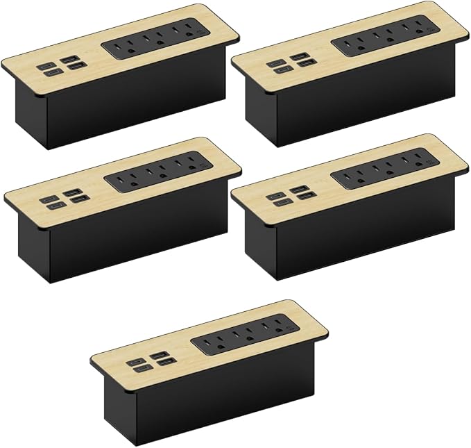 Kable Kontrol Recessed Power Strip Kit with Fast Charging 2 PD65W USB-C Ports, 2 USB-A Ports, 3 Power Desk Outlets, Replaceable Wooden Finish Panel Plate Flush Mount Charging Station Grommet - 5 Pcs