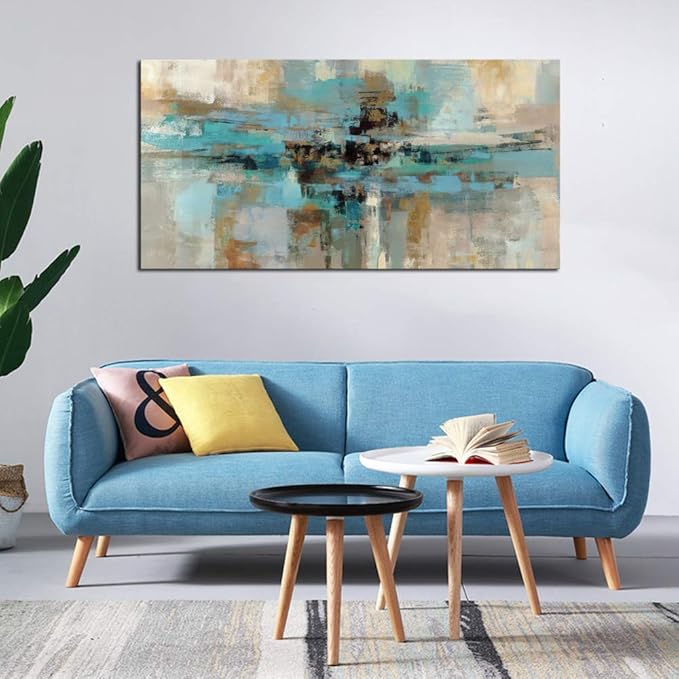 DZL Art A74762 Canvas Prints Abstract Wall Art Print Paintings Blue and Brown Stretched Canvas Wooden Framed for living Room Bedroom and Office Home Decor Artwork