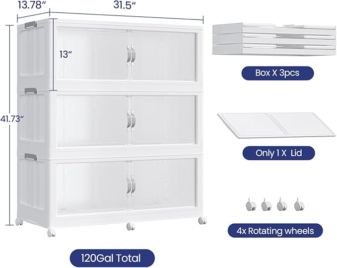 480QT Plastic Stackable Storage Bins with Lid, 120GAL Extra Large Collapsible Box with Wheels Clear Door, Foldable Closet Organizer Container Cabinet Drawer for Home Kitchen，3Pack, White
