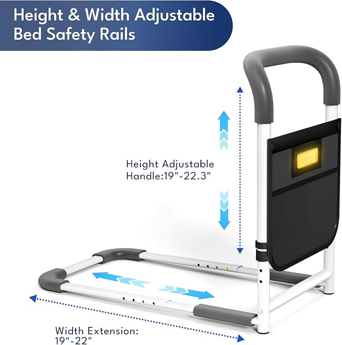 HOMEAL Bed Rails for Elderly Adults Safety, ASTM Approved Bedside Assist Rail for Seniors with Motion Sensor Light, Non-Slip Ergonomic Handle, 350 lb Tested, Fixing Strap Included (Grey)