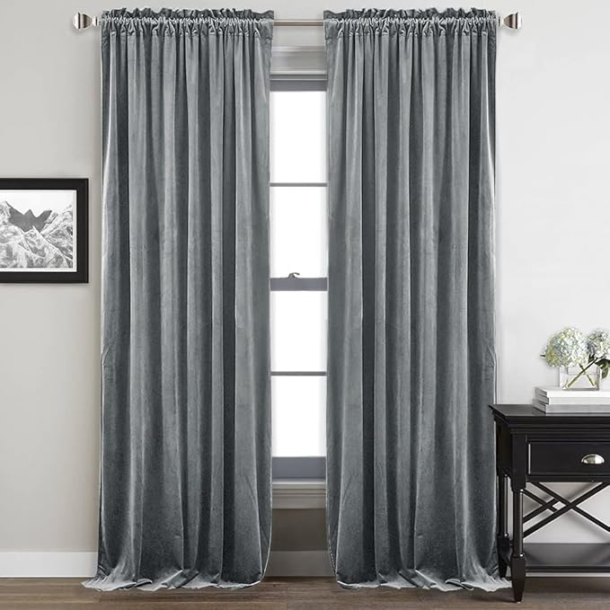 StangH Grey Velvet Curtains 96 inches Long Room Darkening Window Drapes for Living/Dining Room, Solid Rod Pocket Panels for French Door/Cottage, W52 x L96, 2 Panels
