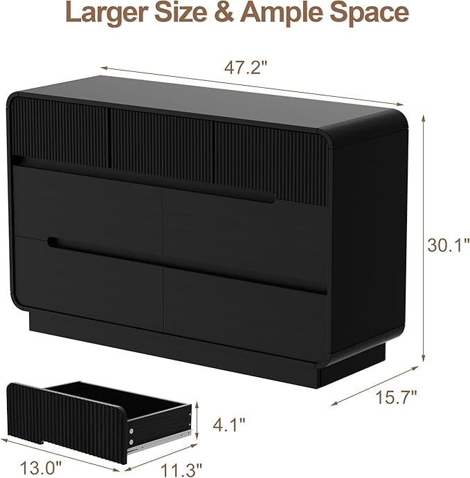 7 Drawer Dresser and 2 Nightstand Sets for Bedroom 3 Pcs Bedroom Set, Modern 47.2" Fluted Dresser with Invisible Handles Nightstand Charging Station, Bedroom Furniture Set for Living Room, Black