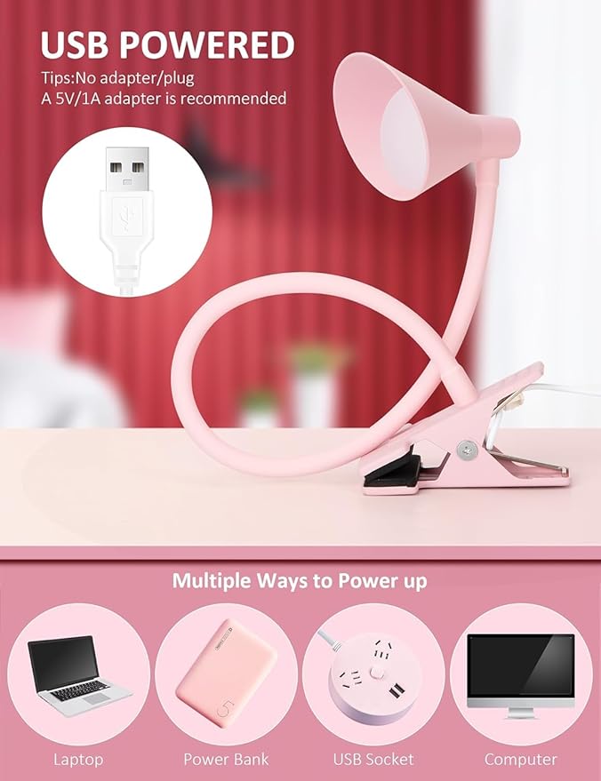 Clip on Light USB Reading Light, Eye Care Dimmable Reading Lamp Flexible Goose Neck Clip on Lamp for Bed Headboard Desk Bedside Dorm - Pink