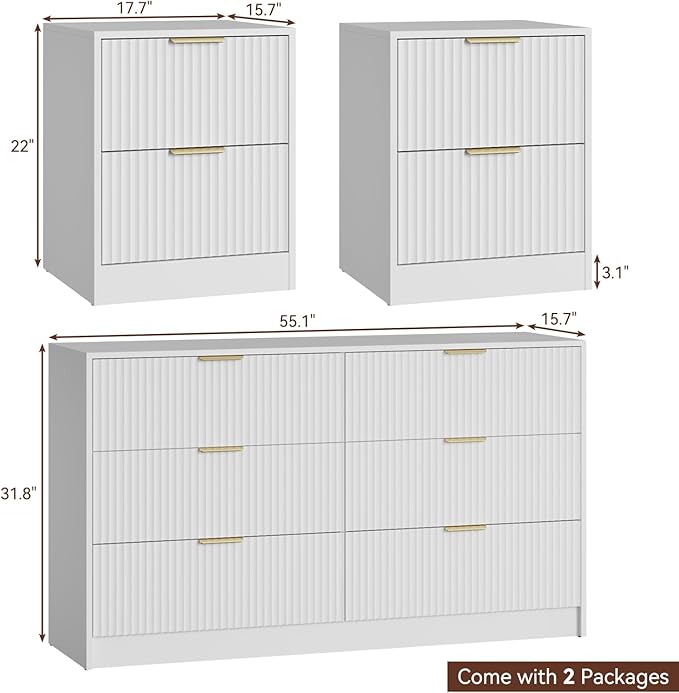 6 Drawer Dresser and Nightstand Set 3-Piece, 55” Wide Bedroom Dressers & Night Stand Set of 2 with Metal Handle, Fluted Modern Wood Chest of Drawers Storage Dressers Set for Bedroom, White